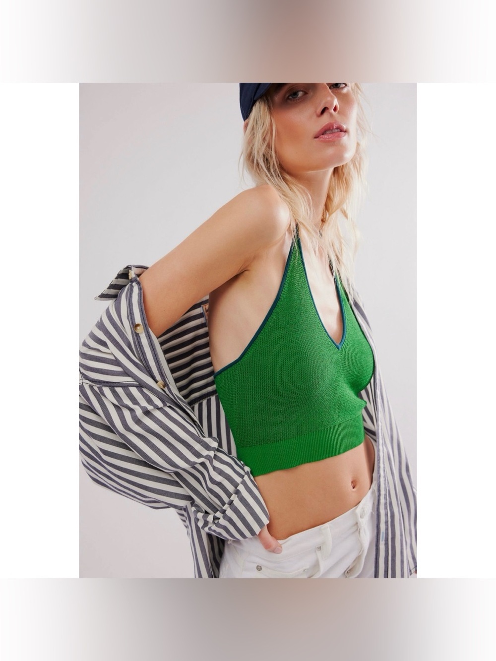 NWT Free People Knit Halter Top Green Contrast XS - Picture 12 of 12